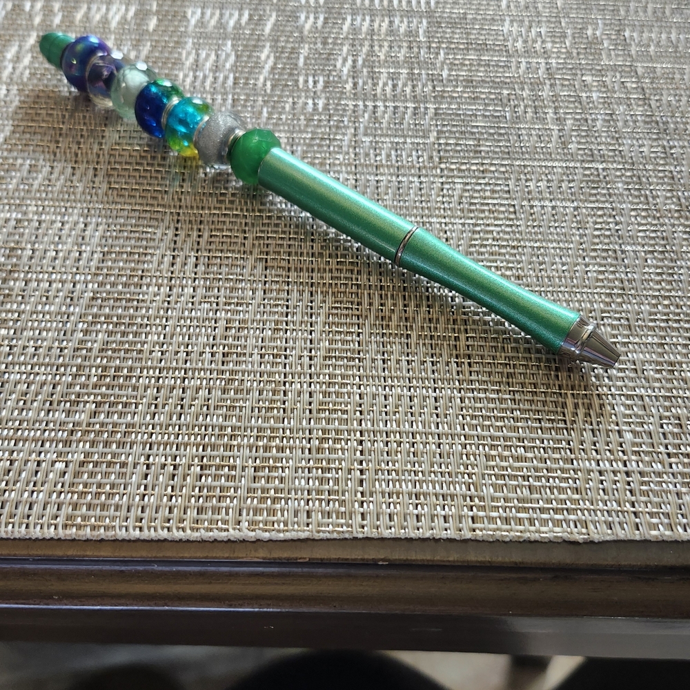 Hand Crafted Green and Blue Beaded Pen